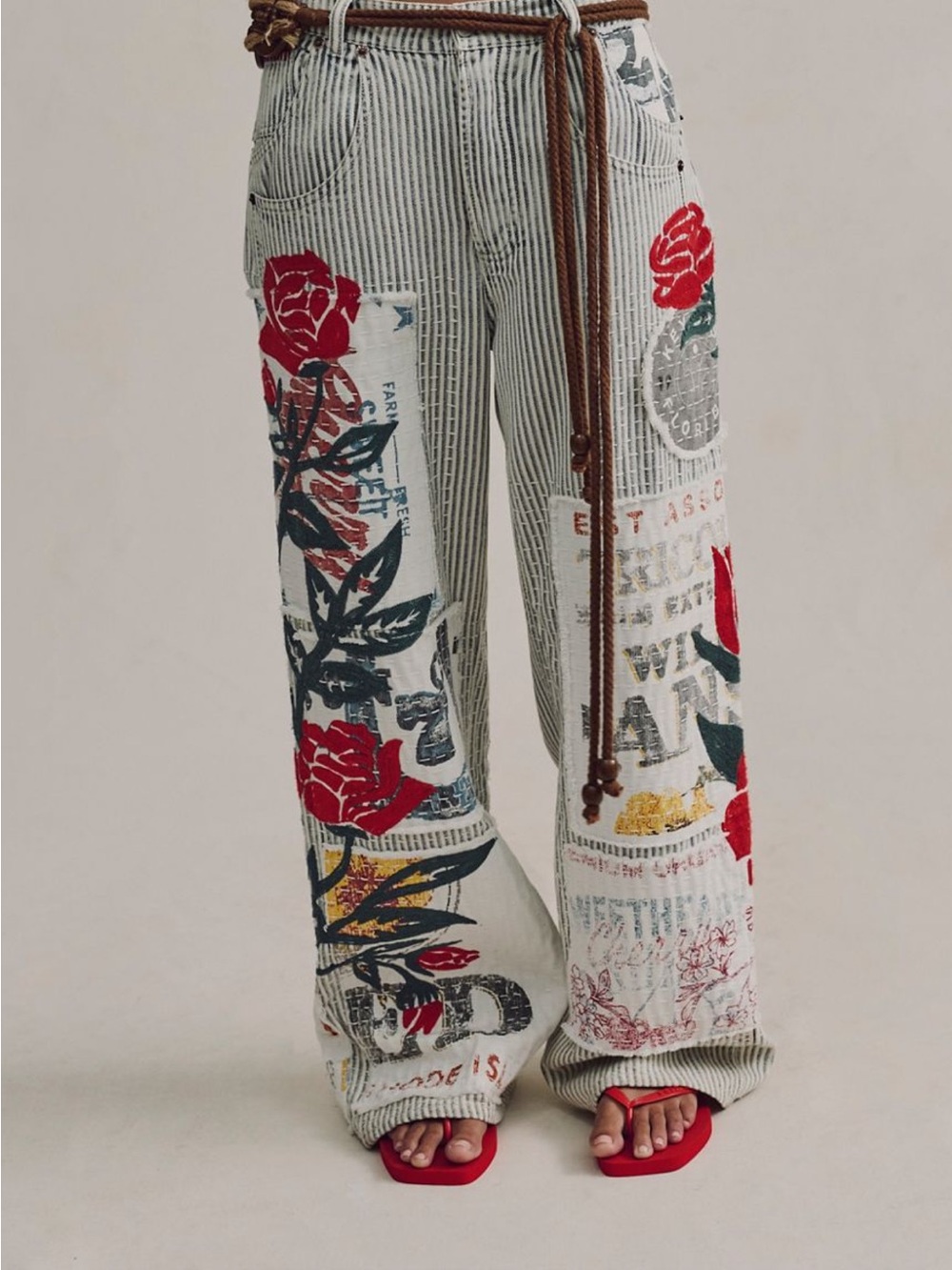 Free People Striped Wide-Leg Jeans with Red Floral Panels